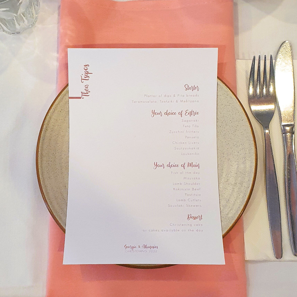 Cardstock Individual Dining or Beverage Menu